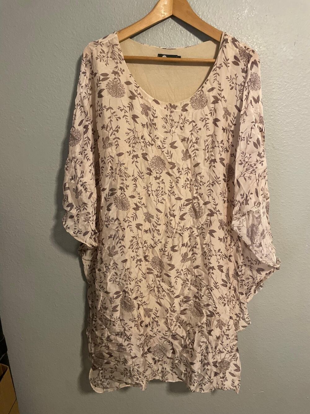 M Made In Italy Dress Womens Large Beige Silk Floral Kaftan Lagenlook Boho FLAW